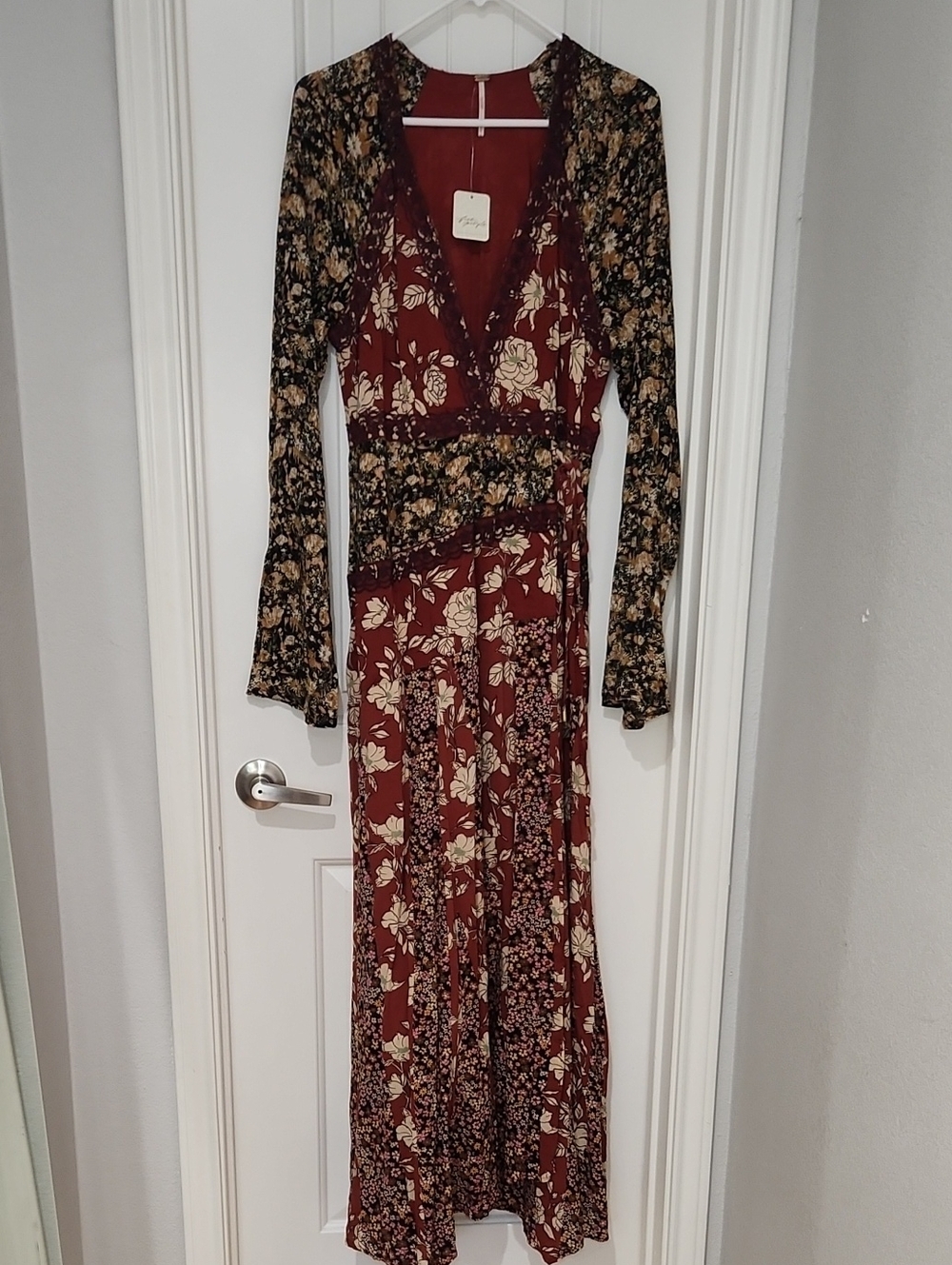 Free People Burgundy Floral Mixed-Print Maxi Dress
